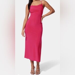 BEBE COWL NECK SPAGHETTI STRAP SLIT MAXI